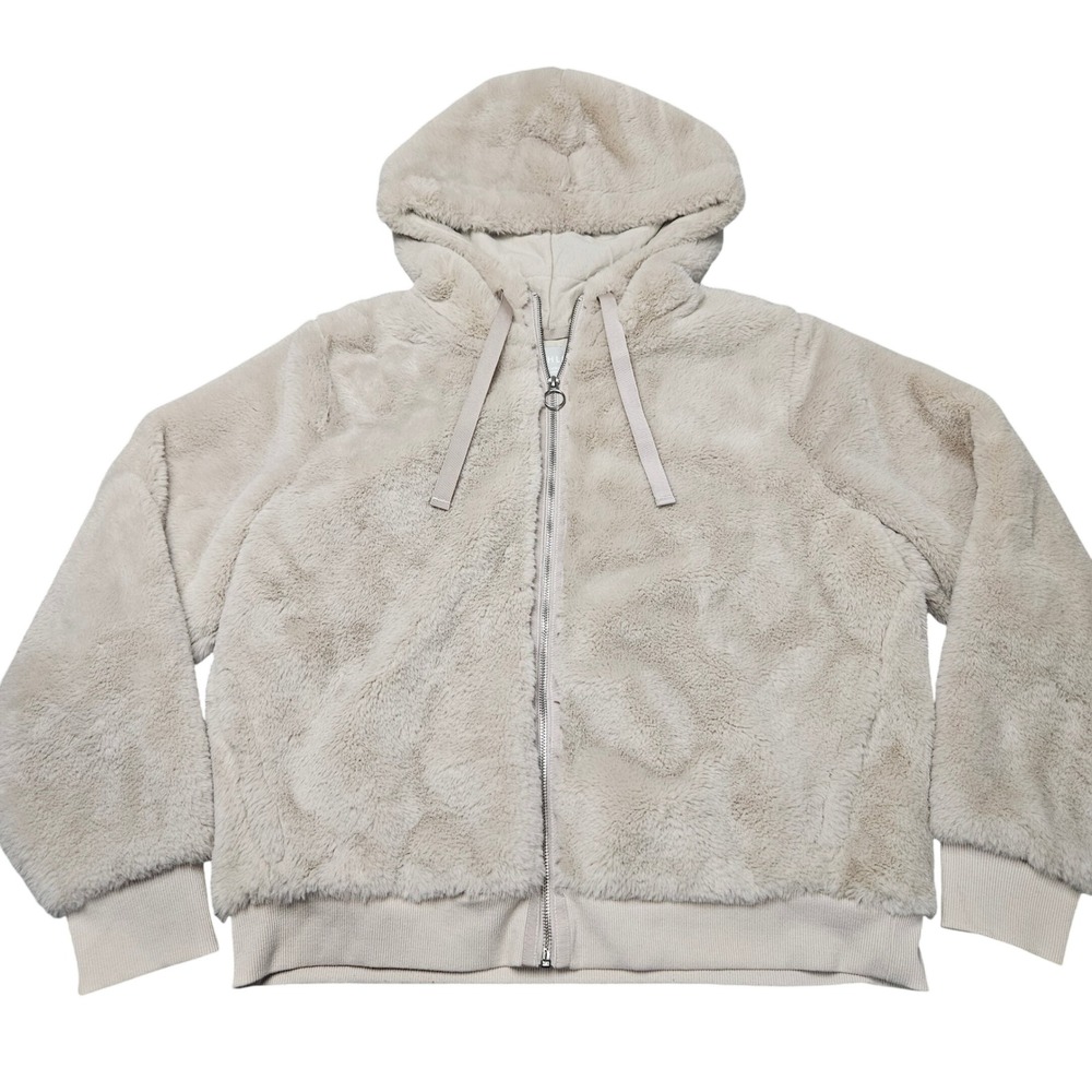 Athleta Cozy Faux Fur Ritual Jacket Large Coat Beige Fuzzy Soft Comfy Cozy Lined